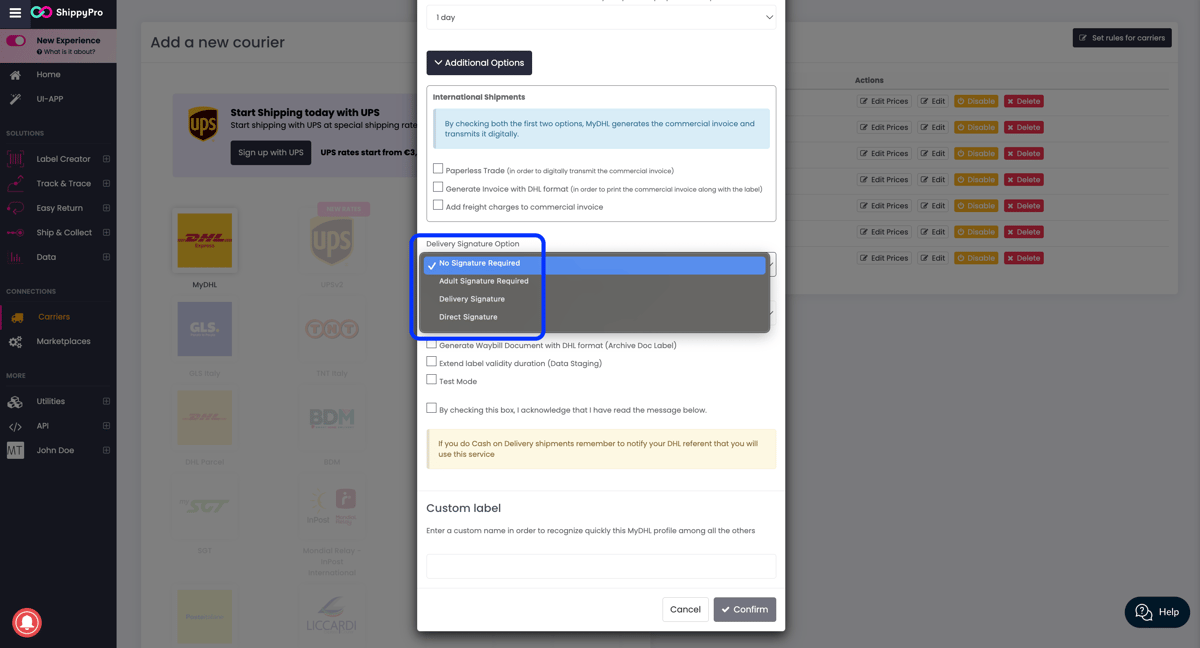 MyDHL - Signature options